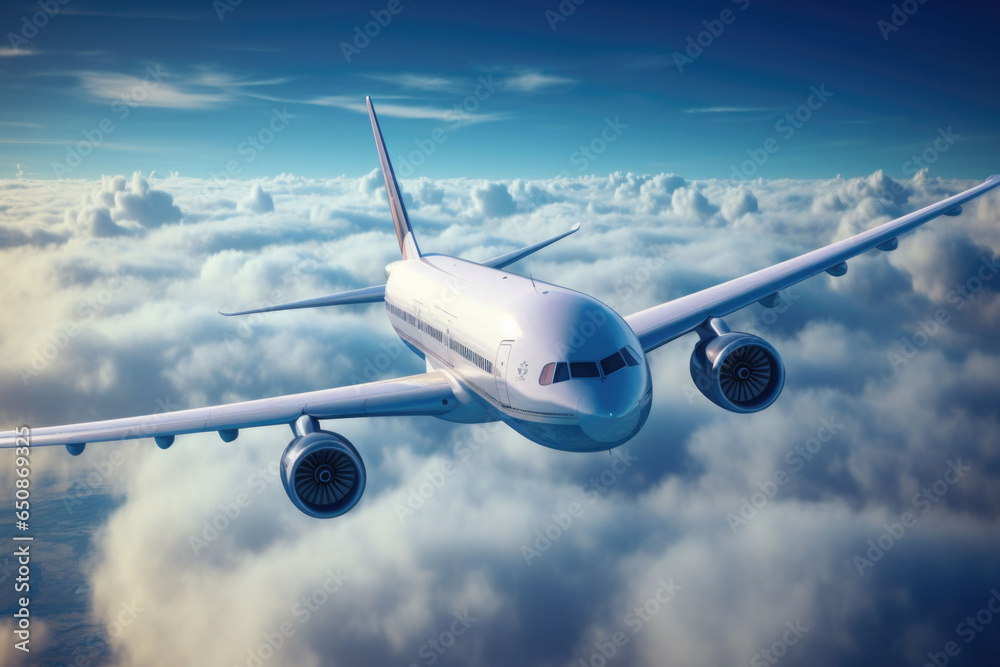 Passengers airplane flying above clouds in blue sky. Concept of fast travel. AI generated