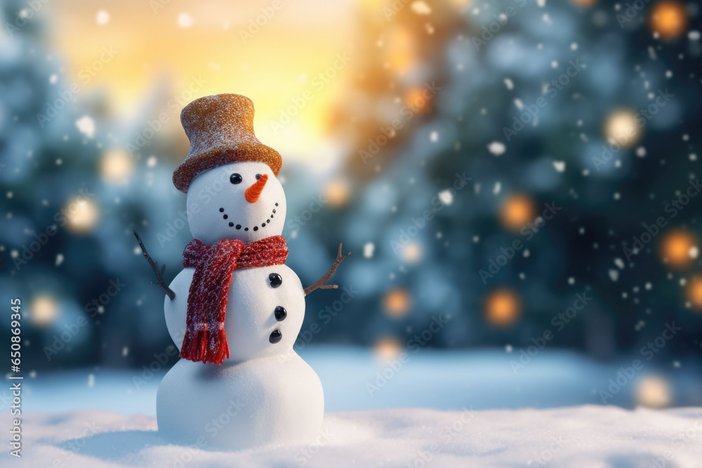Happy snowman standing in winter christmas landscape. Snowy blurred background. Generative AI