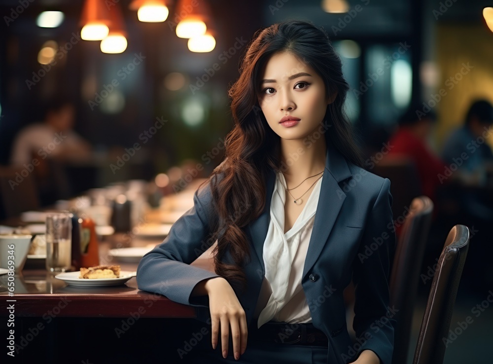 Asian business woman at table in cafe