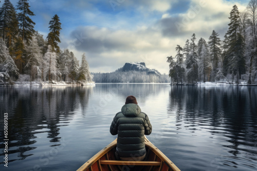 Male traveler in winter coat canoeing on lake at national park. Generative AI