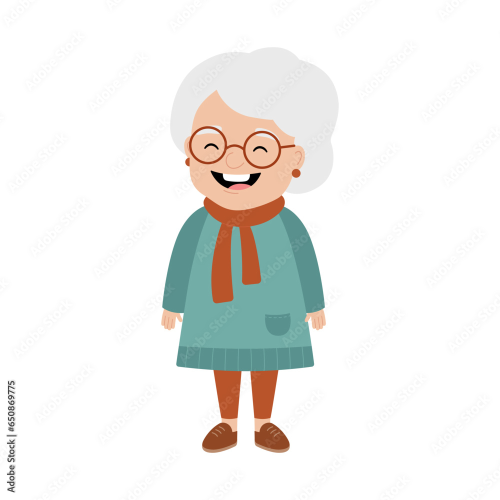 Cute grandmother in glasses and earrings. Elderly woman in dress and scarf in full length. Old woman standing. Vector flat illustration isolated on white background Cute grandmother in glasses and earrings. Elderly woman in dress and scarf in full length. Old woman standing. Vector flat illustration isolated on white background