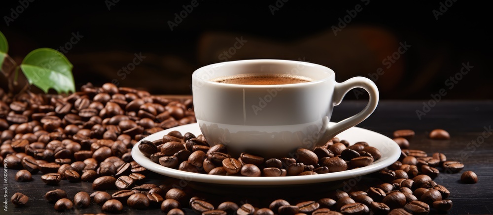 Coffee shops A cup of black coffee with foam and beans Coffee shops A cup of black coffee with foam and beans