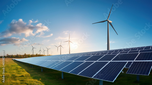 A backdrop showcasing renewable energy sources, featuring wind turbines and solar panels in a green energy setting