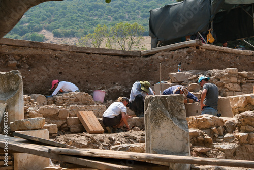 archeologists digging working in ephesus ruins