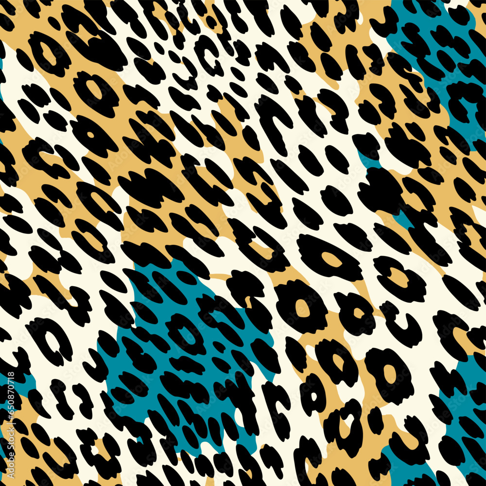  leopard print with blue and yellow spots,  seamless pattern.