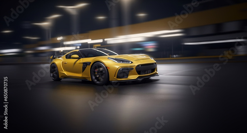 Luxury yellow sport car in a city street at night. Supercar moving at high speed