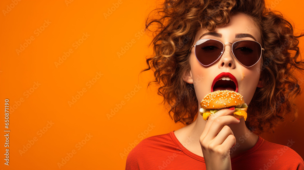 A cute girl appetizingly bites a burger, enjoying junk food, standing on an orange background. - obrazy, fototapety, plakaty 