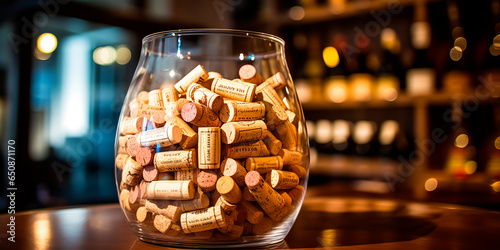 Canvas Print Wine corks in a glass vase on the bar counter