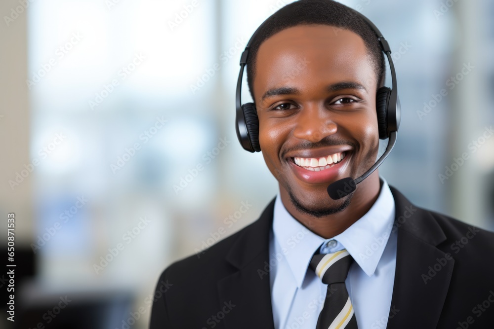 Friendly African-American manager wearing headphones Friendly African-American manager wearing headphones