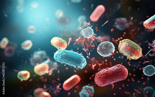 Medical vivid illustration with rounded microorganisms in blue color on blurred background