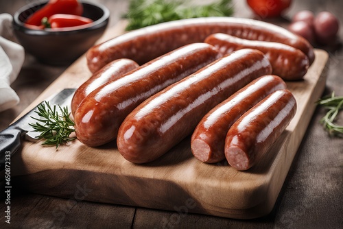 Juicy sausages roasted on a wooden board © Mahrowou