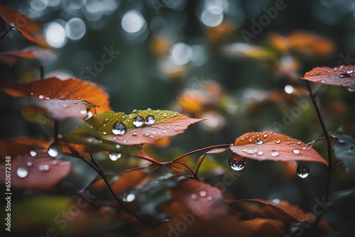 Leaves wet from the rain with leaves falling and dripping