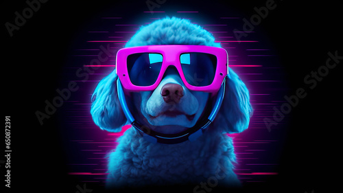Maltese Poodle dog in VR goggles illuminated with pink light against neon blue background.generative ai © JKLoma