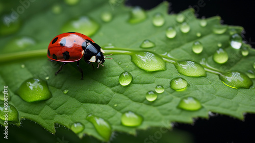 a ladybug crawling on a bright green leaf, dewy morning, soft natural light