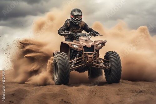Quad bike in dust cloud sand quarry on background.