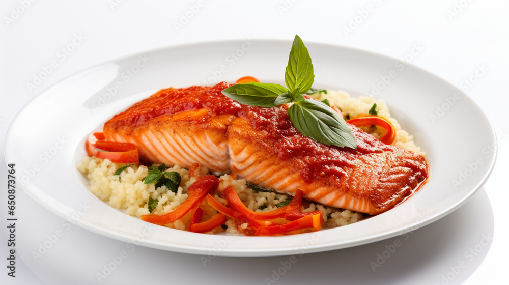 sauce over baked salmon filet a side of sauteed, generative ai