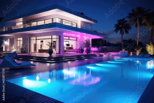 Modern luxury villa with a lit pool under a starry night. © Sebastian Studio