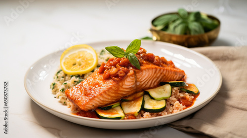 sauce over baked salmon filet a side of sauteed, generative ai