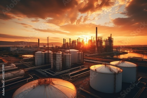 Industrial area under a stunning sunset, with oil tanks and pipelines in silhouette.