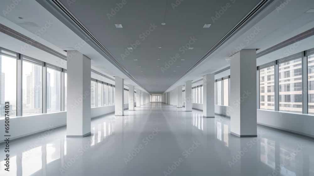 Fototapeta premium Empty office, Modern corporate open office in minimalist modern design in whites and greys.