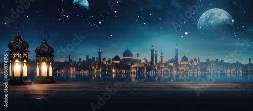 Arabic style border and lanterns on a realistic night view background for Ramadan Kareem