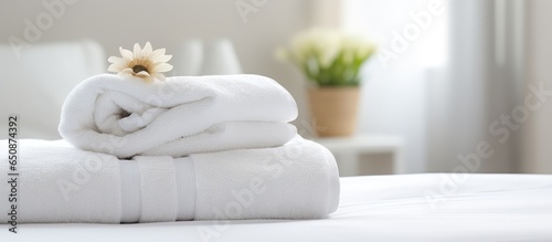 Bathroom towels on hotel bed room for writing