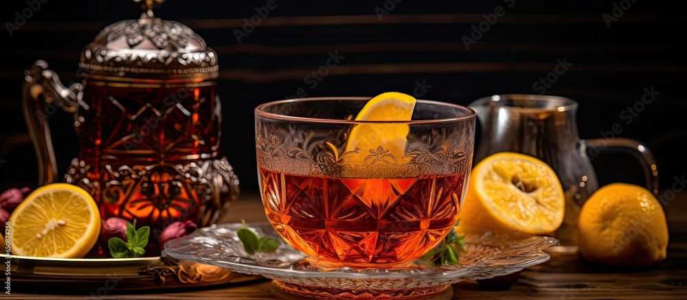 Traditional Turkish tea is presented in a unique glass - obrazy, fototapety, plakaty 