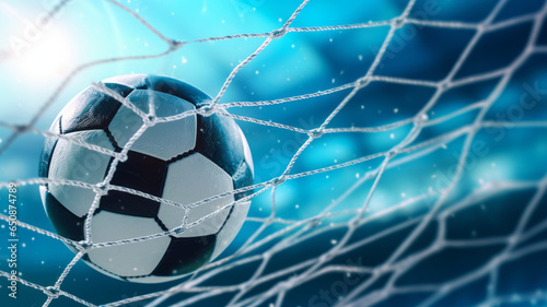 soccer ball in goal net with soft blue background.