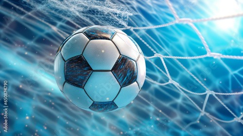 soccer ball in goal net with soft blue background.