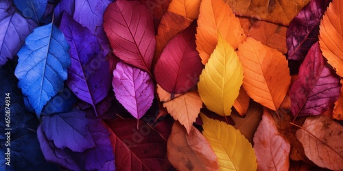 Autumn Leaves Blanketing the Ground in a Kaleidoscope of Colors, Crafted in the Style of Dark Violet, Orange, Light Crimson, and Azure, Showcasing Seasonal Natural Beauty