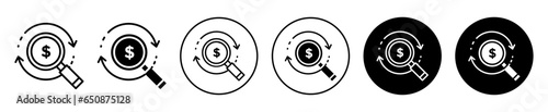 money tracking icon. Personal finance expense analysis symbol set. Monitor business purchase cost and taxation history vector sign. Carefully evaluate account money spend on product line logo 