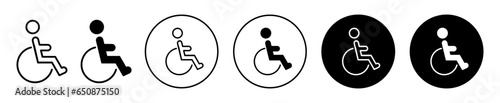wheelchair symbol. Physically disabled person accessibility transportation signage symbol set. Arm chair to seat for paralyzed human vector sign. Bathroom or toilet reserved for person with wheelchair