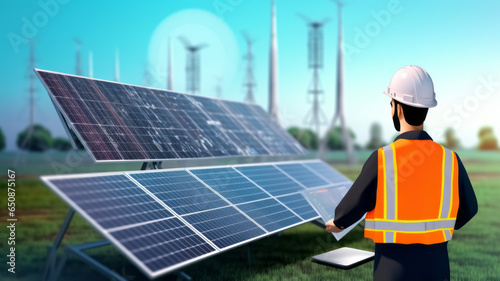 Solar energy worker or engineer with his tablet computer checking of new solar power plant.