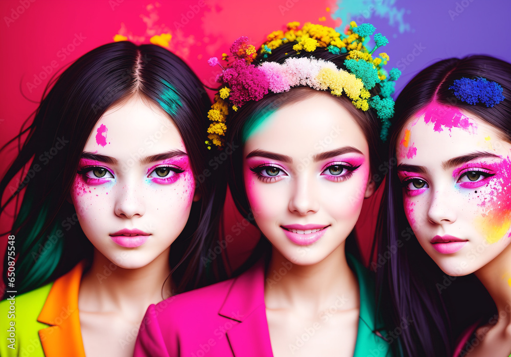 Fashion portrait of group of beautiful young woman with colorful hairstyle and makeup. Generative AI. Fashion portrait of group of beautiful young woman with colorful hairstyle and makeup. Generative AI.
