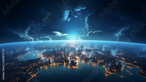 Panoramic view on planet Earth globe from space. Glowing city lights, light clouds.ai generative