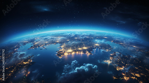 Panoramic view on planet Earth globe from space. Glowing city lights  light clouds.ai generative
