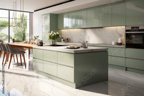 Modern kitchen with luxurious sage green counter, induction cooktop, cupboards, white tile splashback, marble floor in sunlight. ai generative
