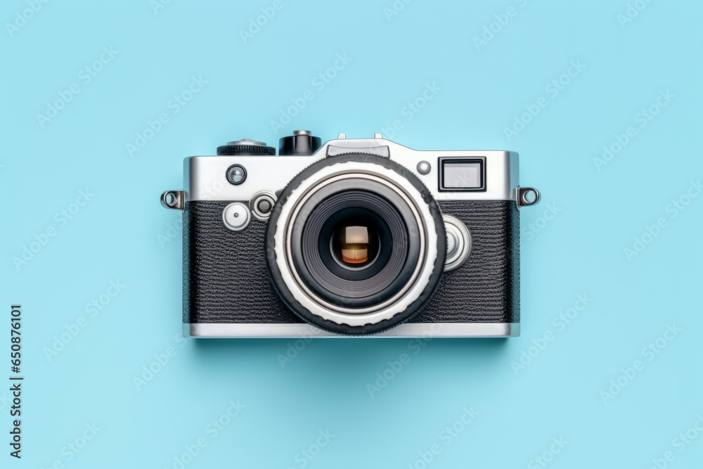 World Photography Day camera on blue background top view
