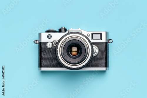 World Photography Day camera on blue background top view photo