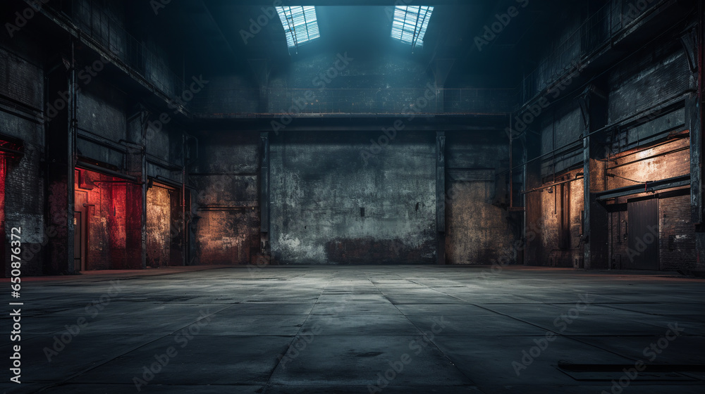 Evoking an Ambiance of Empty Warehouse with Dramatic Lighting. ai generative - obrazy, fototapety, plakaty 