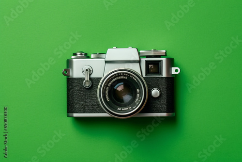 World Photography Day camera on green background top view
