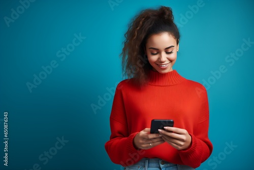 Happy Young Woman Typing on Smartphone, Shopping Online, and Using Trendy Apps, Blue Background, Typing Message 