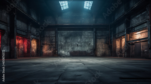 Evoking an Ambiance of Empty Warehouse with Dramatic Lighting. ai generative