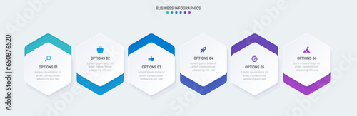 Timeline infographic with infochart. Modern presentation template with 6 spets for business process. Website template on white background for concept modern design. Horizontal layout.