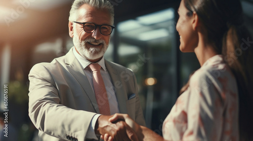 two businessmen shaking hands, young woman and senior businessman doing agreement photo