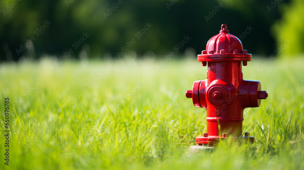 Bright red isolated fire hydrant sits in a freshly cut grass field.ai generative Bright red isolated fire hydrant sits in a freshly cut grass field.ai generative