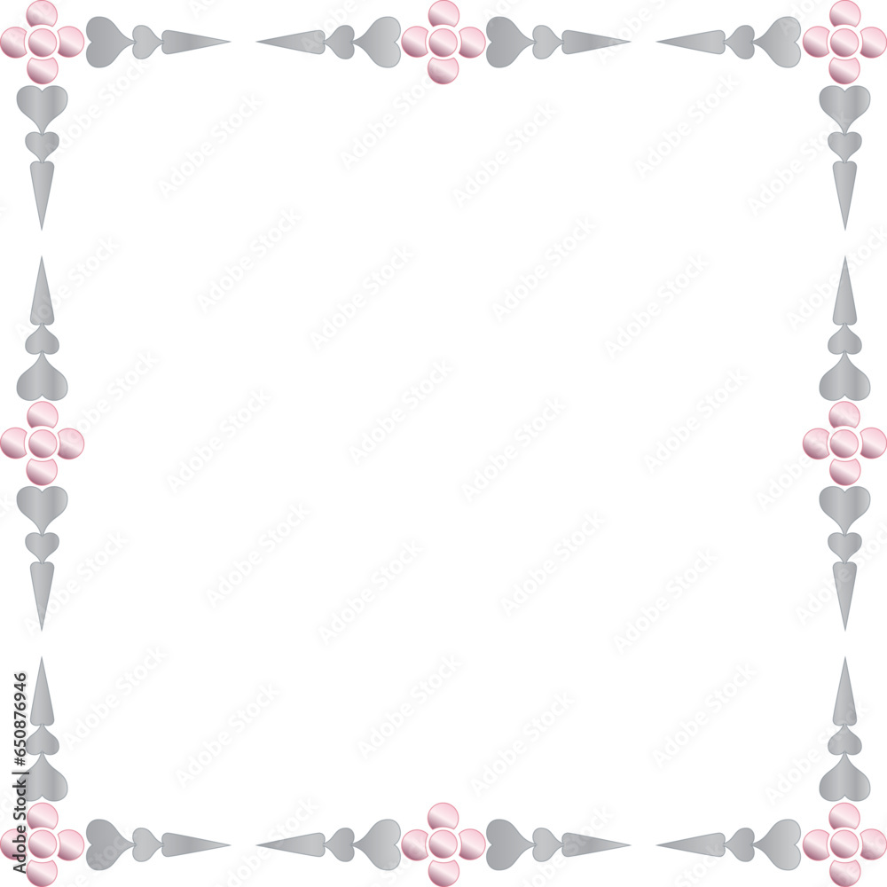 Art deco frame with silver hearts and pink flowers