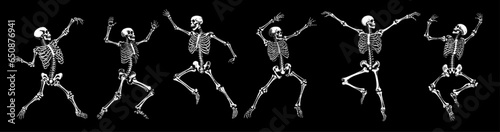 Stampa su tela Halloween dancing spooky skeletons in halftone pattern, different funny poses