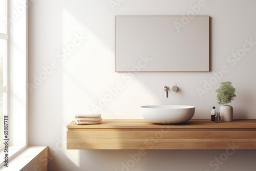 Modern bathroom design interior with wooden countertop