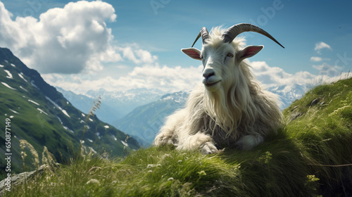 a billy goat in the alps on a mountain. ai generative